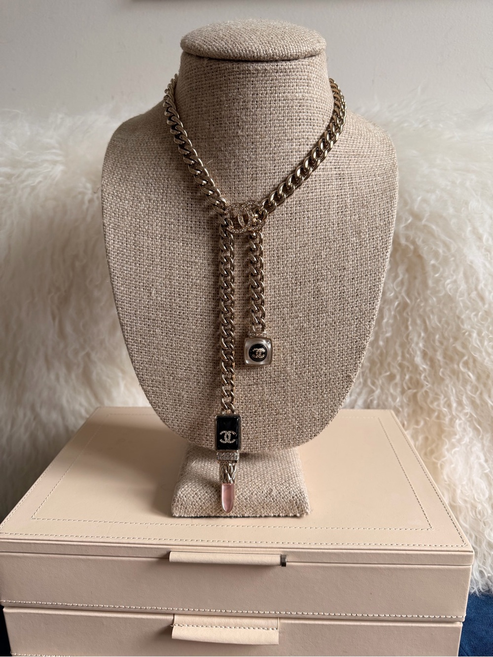 Chanel Metal Strass Pearl Lipstick Necklace Pink Gold